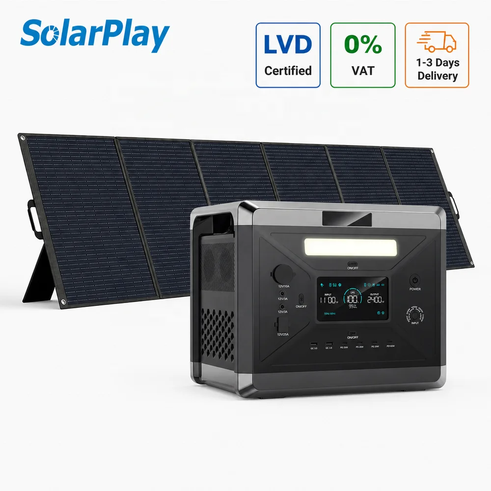 Zestaw paneli słonecznych Solarplay Q2501 o mocy 400 W, z akumulatorem i falownikiem, zasilanie awaryjne 20 ms, efektywność 97%, regulator MPPT, generator o mocy 2400 W i pojemności 2160 Wh, do użytku