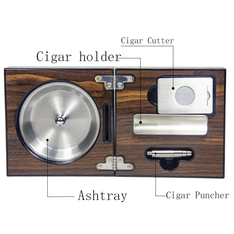 Folding cigar ashtray, set, wood grain piano paint, stainless steel liner