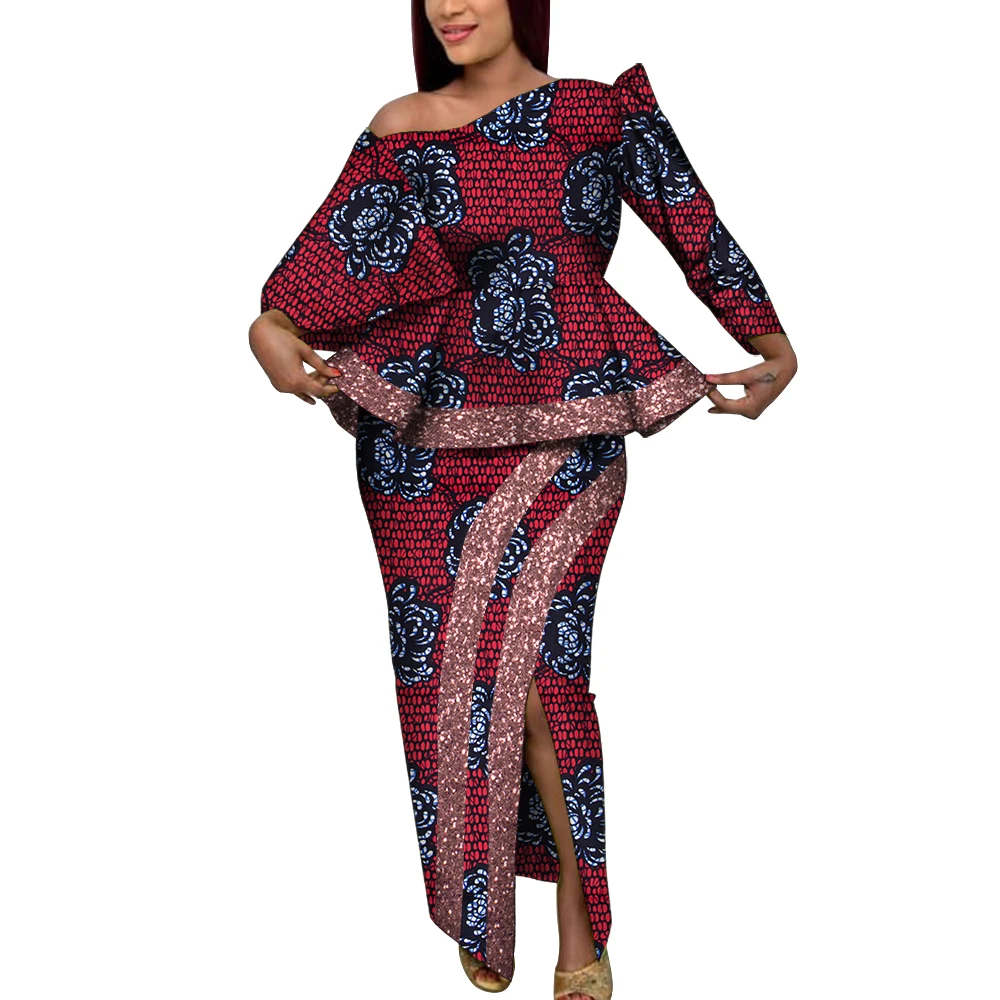 Conjunto de 2 piezas con falda y Top de manga larga para mujer, ropa africana con estampado Floral de Ankara, traje de fiesta Dashiki africano Wy7896