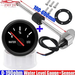 Sensor de nivel de agua + Indicador de tanque medidor de nivel de agua de 52mm con retroiluminación roja 0-190 Ohm medidor de nivel de agua para Motor de barco y coche 9-32V