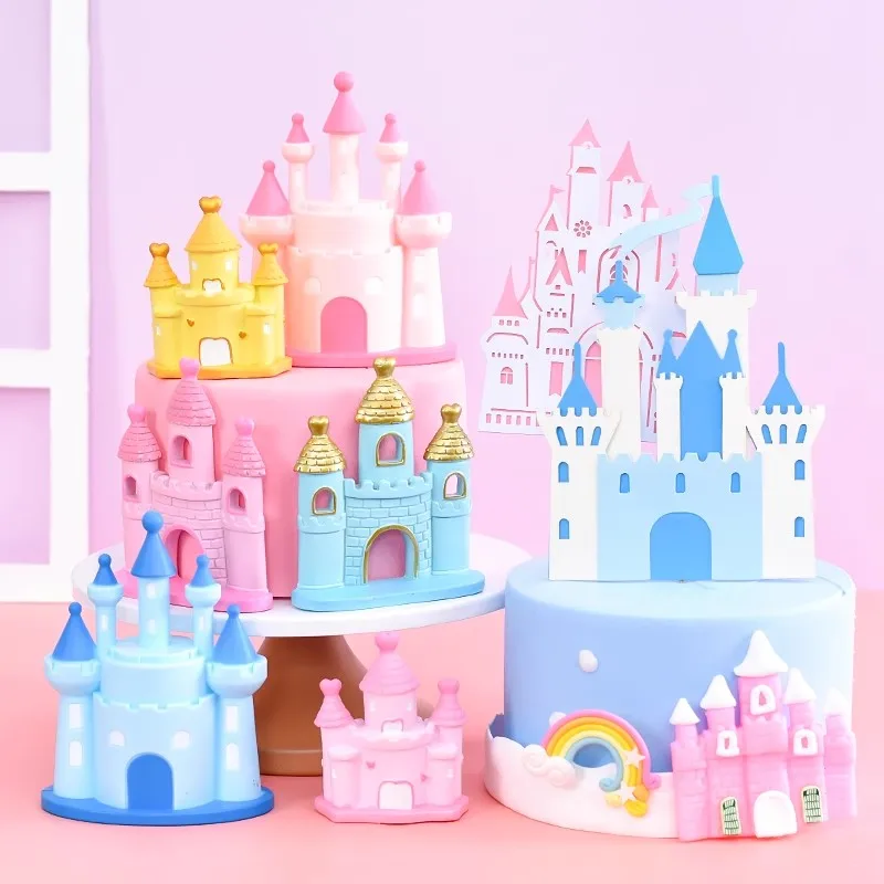 Princess Prince 3D Plastic Castle Theme Cake Topper Birthday Decor Girl Boy Love Gift Ornaments Cupcake Cake Flags Pary Supplies