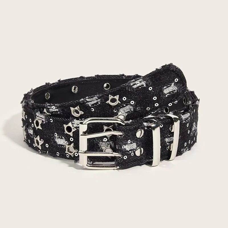 Y2K Punk Star Sequins เข็มขัดผู้หญิงผู้ชาย PU สายรัดเอวคู่แถว Hollow อินเทรนด์เข็มขัดกางเกงยีนส์กระโปรงตกแต่ง
