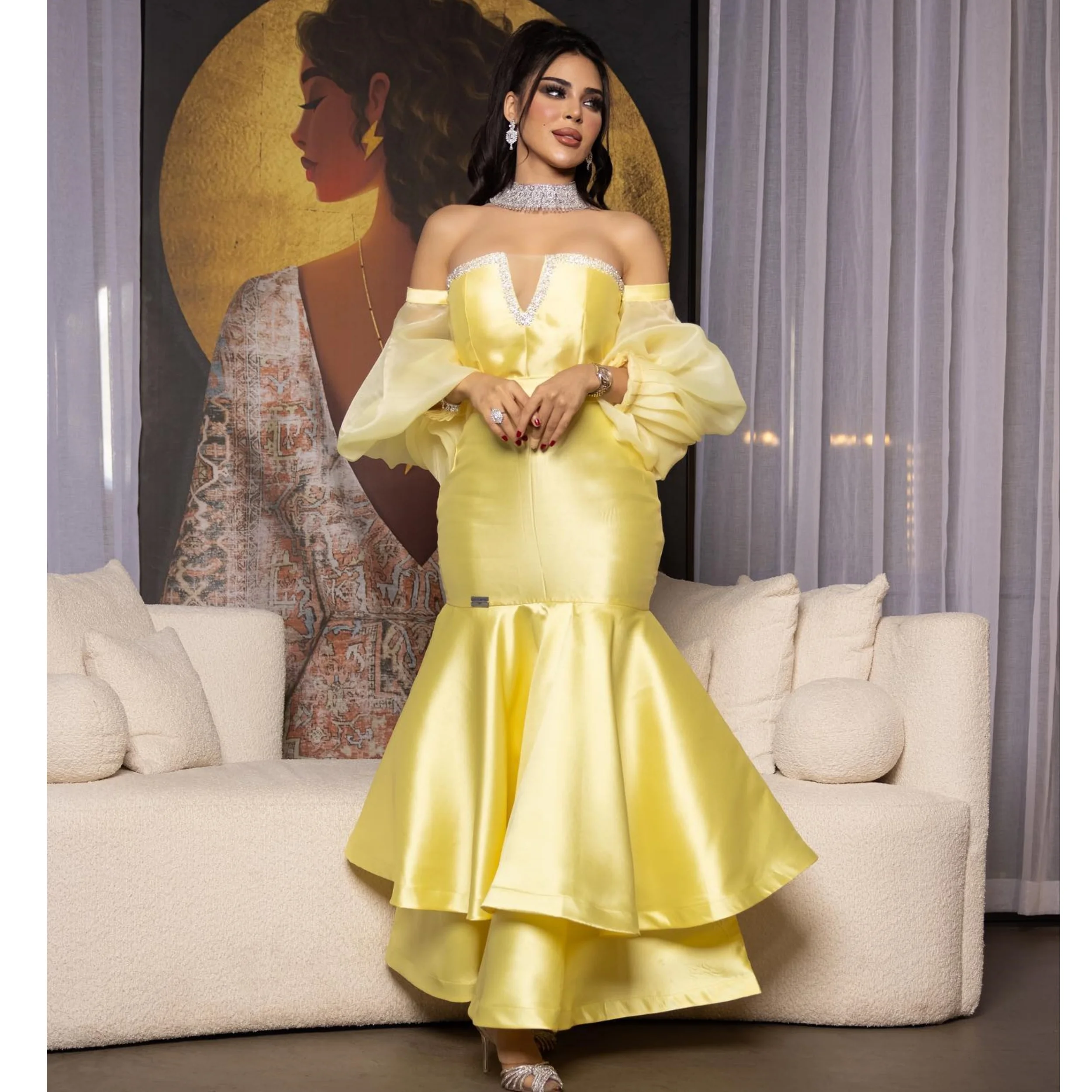 Vintage amarelo árabe vestido de noite fora do ombro sereia vestidos de gala personalizado feminino longo em camadas miçangas formal vestidos de baile