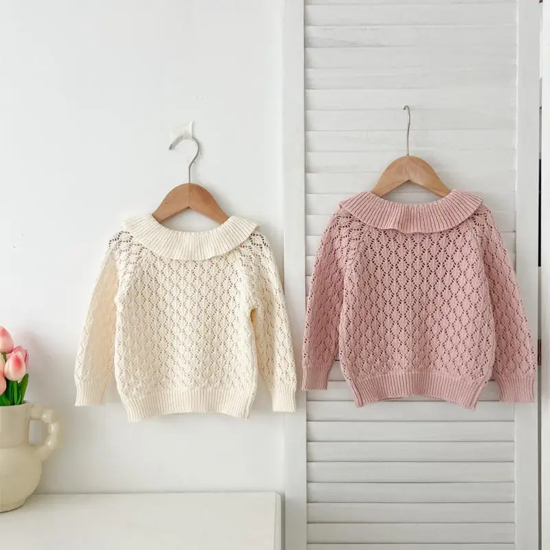 2026 Autumn New Baby Girl Long Sleeve Knitted Cardigan Girls Sweet Ruffle Collar Knitwear Infant Toddler Hollowed Out Sweater