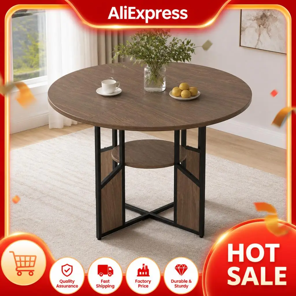 Tavolo da pranzo rotondo 150 cm – design robusto – ampio piano in legno con ripiano a 2 livelli e base incrociata – struttura in legno e metallo – ide