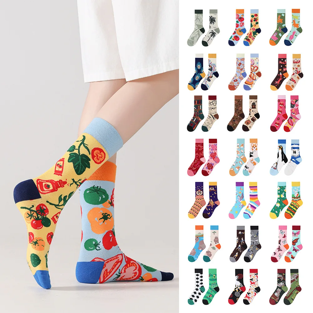 Cute Cartoon Pattern AB Asymmetrical Ladies' Socks Combed Cotton Colorful Personalized Sporty Casual Mid-calf Socks Wholesale