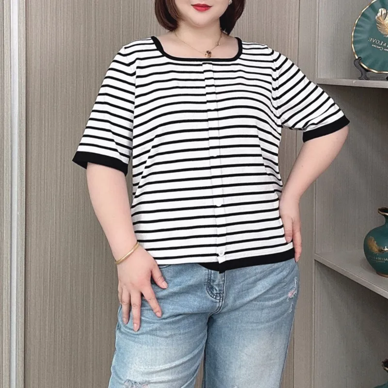 Striped Ice Silk Knit Tees Women 2024 Summer New Plus Size Thin Square Collar Style Pullover Short Sleeve T-Shirt