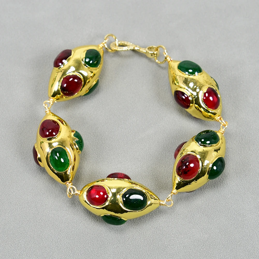 

GG Red Green Agate Gold Plated Edge Olivary Shaped Bracelet Gems Designer Women Jewelry Gifts