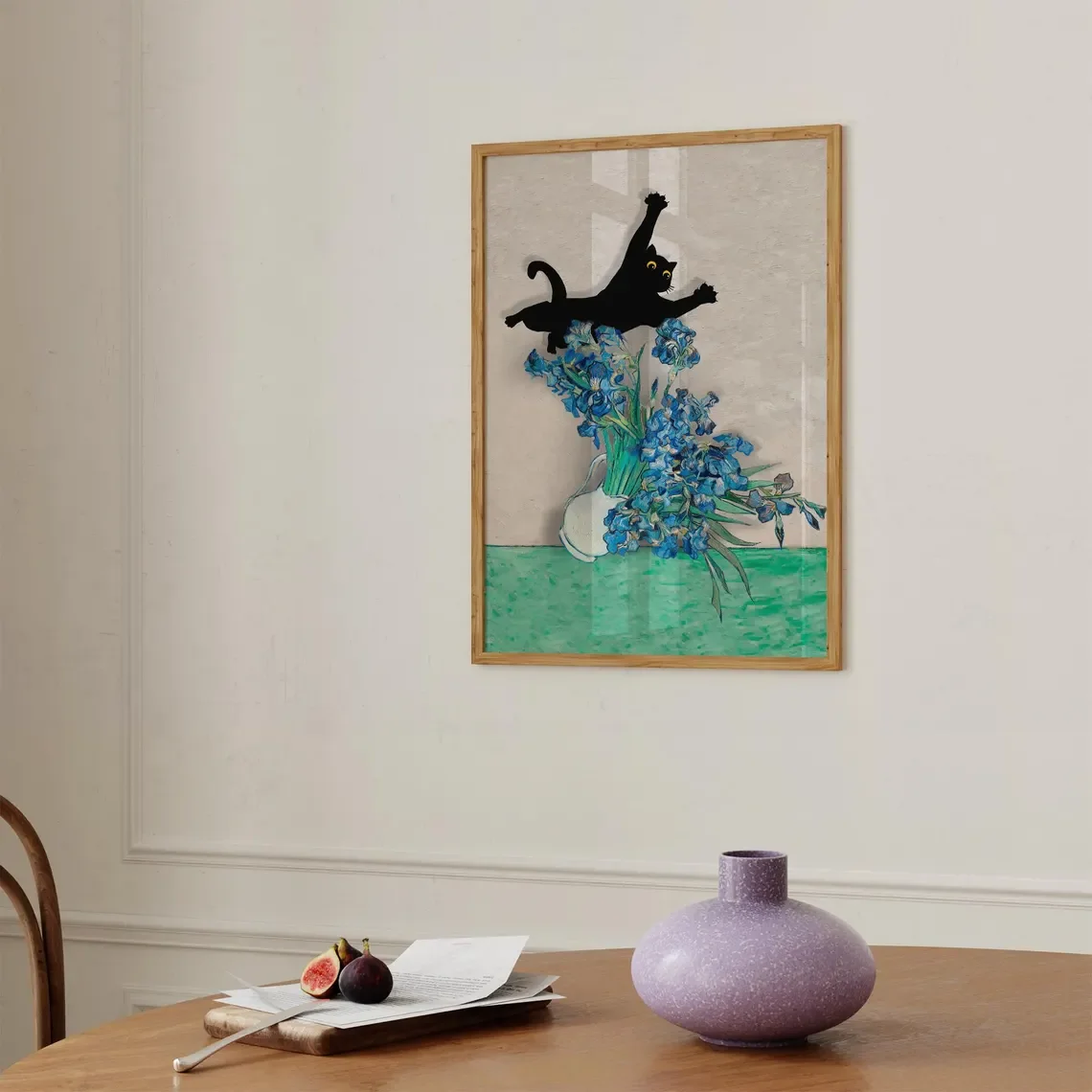 Cat Wall Art Print, Black Cat Irises Decor Paintings, Funny Floral Posters, Whimsical Artworks for Living Room and Bedroom