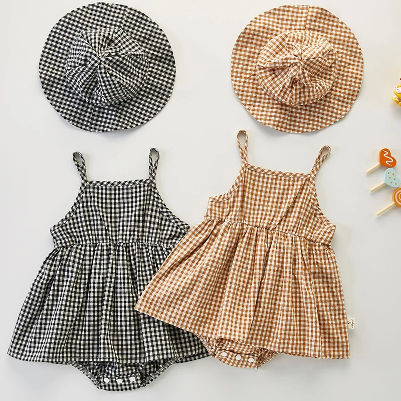 

Toddler Baby Girl Dress Romper+Hat Sleeveless Cotton Plaid Summer Korean Style Children Clothes Infant Baby Girls Jumpsuit