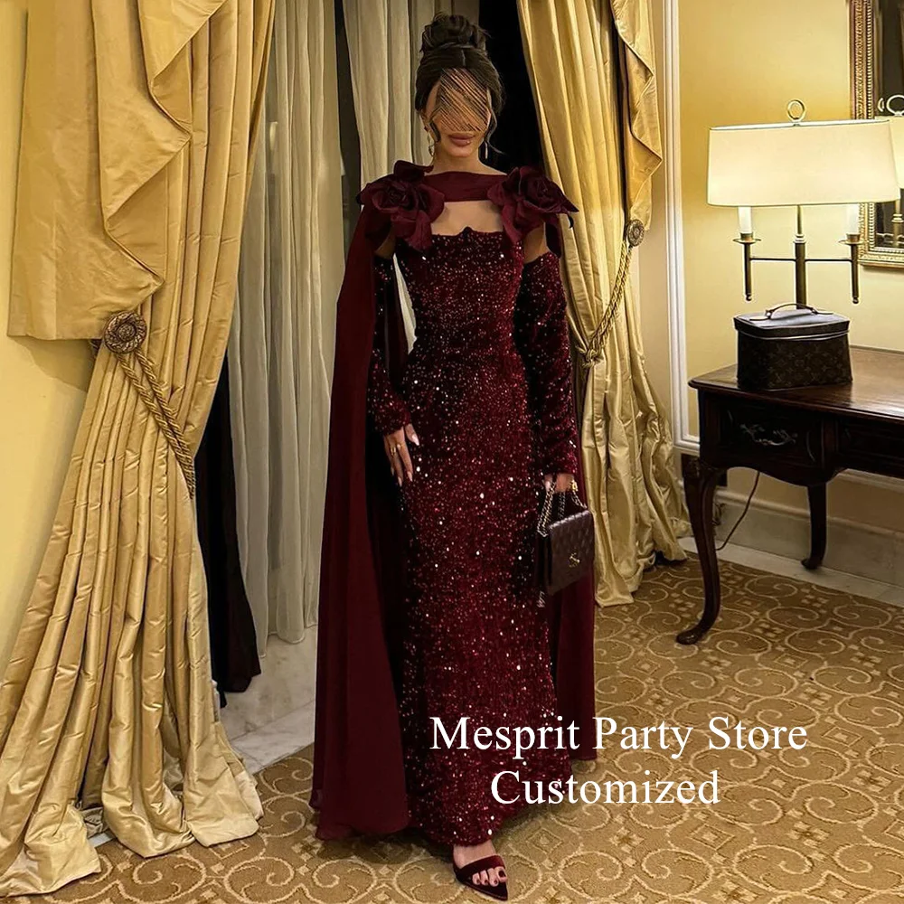 Burgundy Evening Dress Saud Arab Sequined Party Gown Customized Detachable Long Sleeve Flower Cape Arabian Prom Dresses