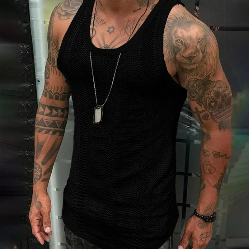 Luxury and fashionable new men's summer thin sleeveless men's tank top with white breathable mesh hollow sports top