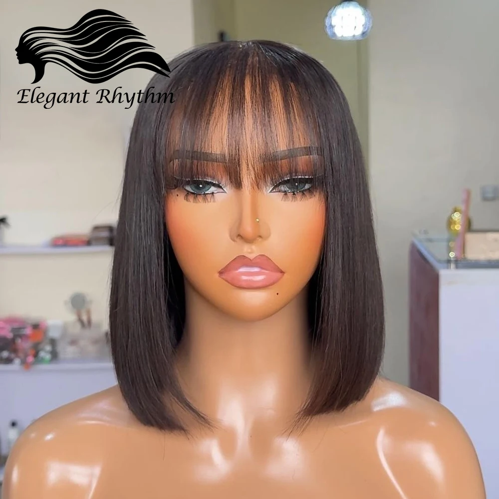 

Glueless Straight Bob With Fringe for Women Full Machine Made Bone Straight Remy Human Hair Wigs with Bangs For Daily Party