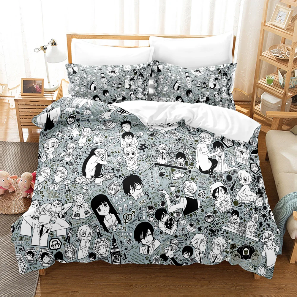 New O-Ouran High School Host Club Retro Anime Typography Duvet Cover Set 3PCS Polyester Bedding With 2 Pillowcases Manga Text