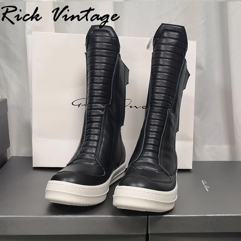 Rick Vintage Women Motorcycle Leather Boots Men Luxury Mid-Calf Winter Riding Boots Shoes Casual Zip Flats Black Shoes Unisex