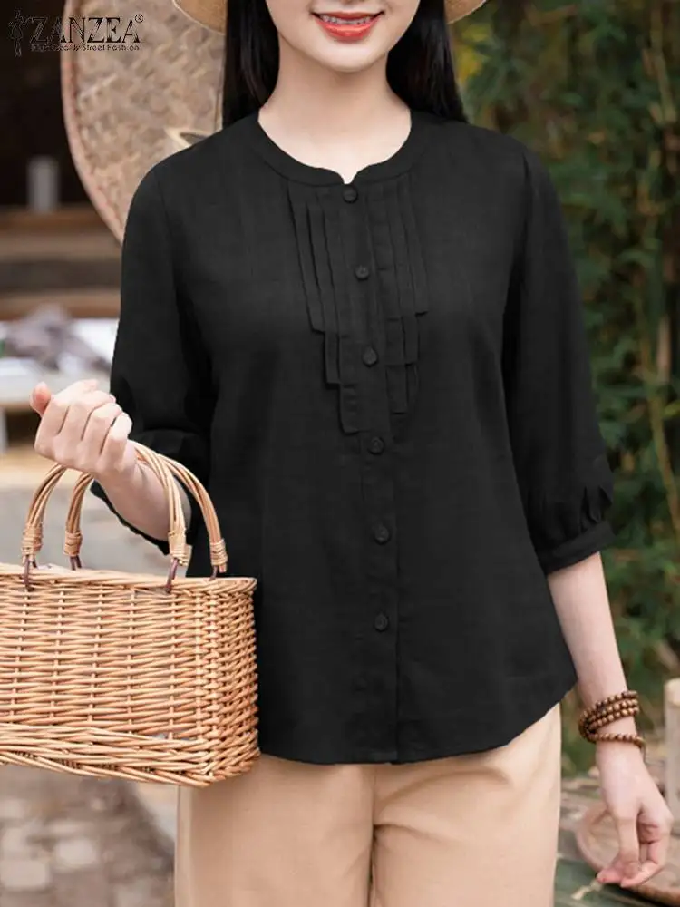 

ZANZEA Vintage Women Blouse Solid Loose 3/4 Sleeve Tops Shirts 2024 Summer Female Baggy Buttons Blusas Casual Holiday Tunic Top