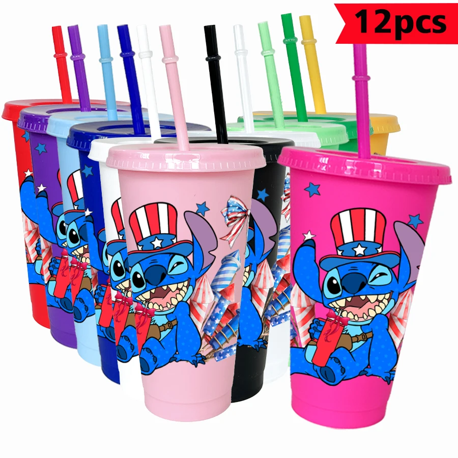 12 unids/lote Disney Stitch estilo americano 26oz vaso de plástico colorido juego de bebidas para fiesta de cumpleaños taza de café y jugo