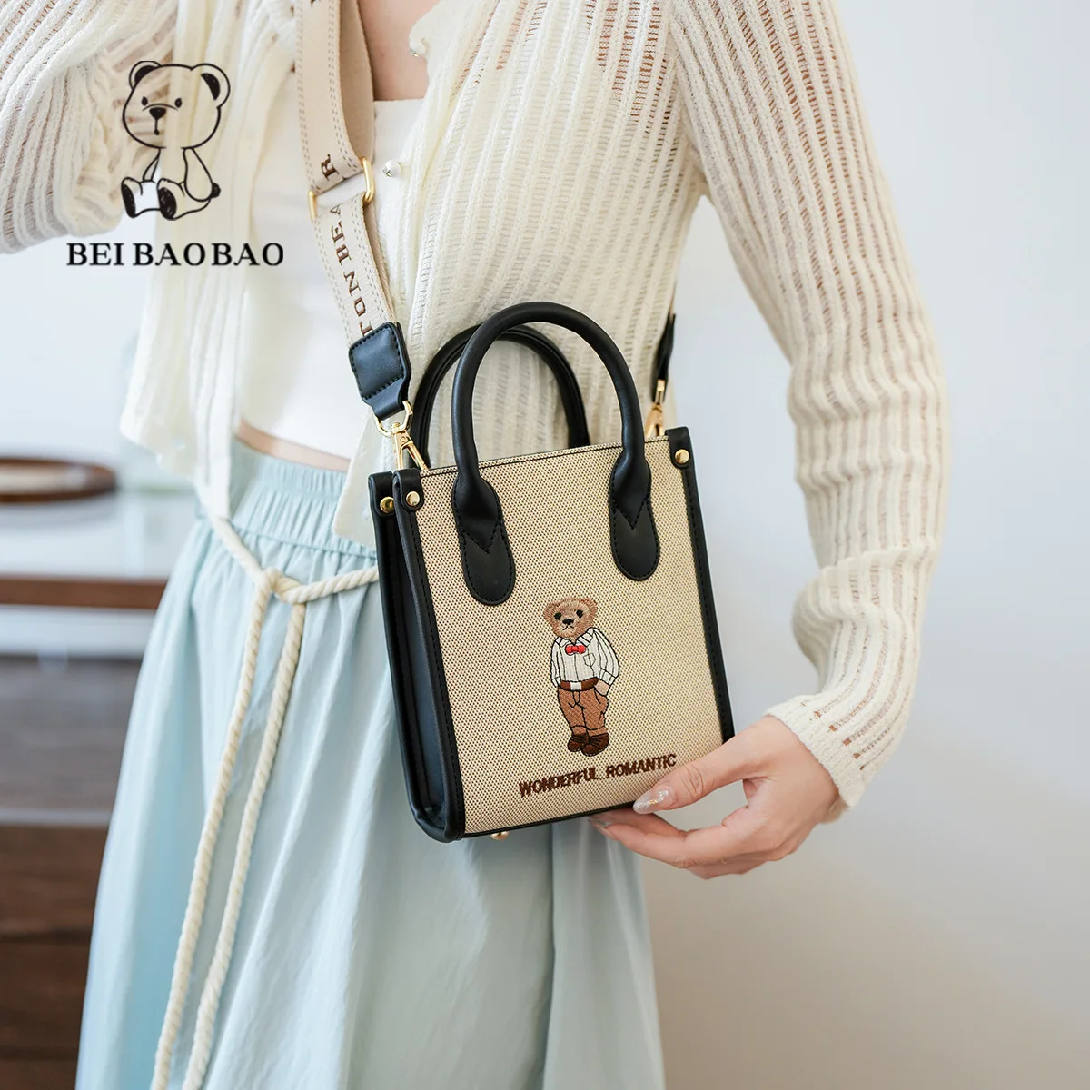 Beibaobao New 2024 Single Shoulder Crossbody Bag Universal Urban Embroidered Canvas Bear Bag Classic Women's Bag Handbag