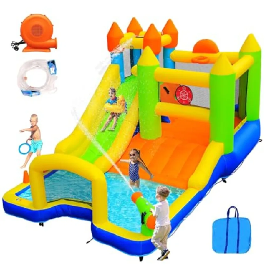 Dmuchany zamek dmuchany, dmuchana zjeżdżalnia wodna dla dzieci, zamek dmuchany 9 w 1 z długą zjeżdżalnią, ścianą do wspinaczki, basenem z kulkami, bramką do piłki nożnej, Blo