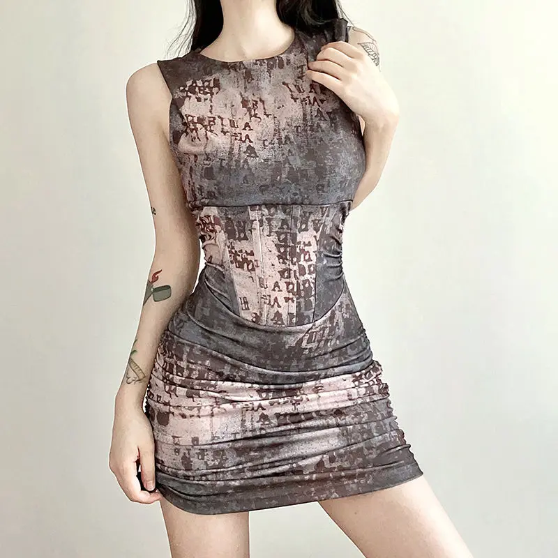 Dress Hooded Hollow-Out Vintage Printed Trendy Distinctive All-Match Summer Party Confident Sexy Mysterious Cool Women