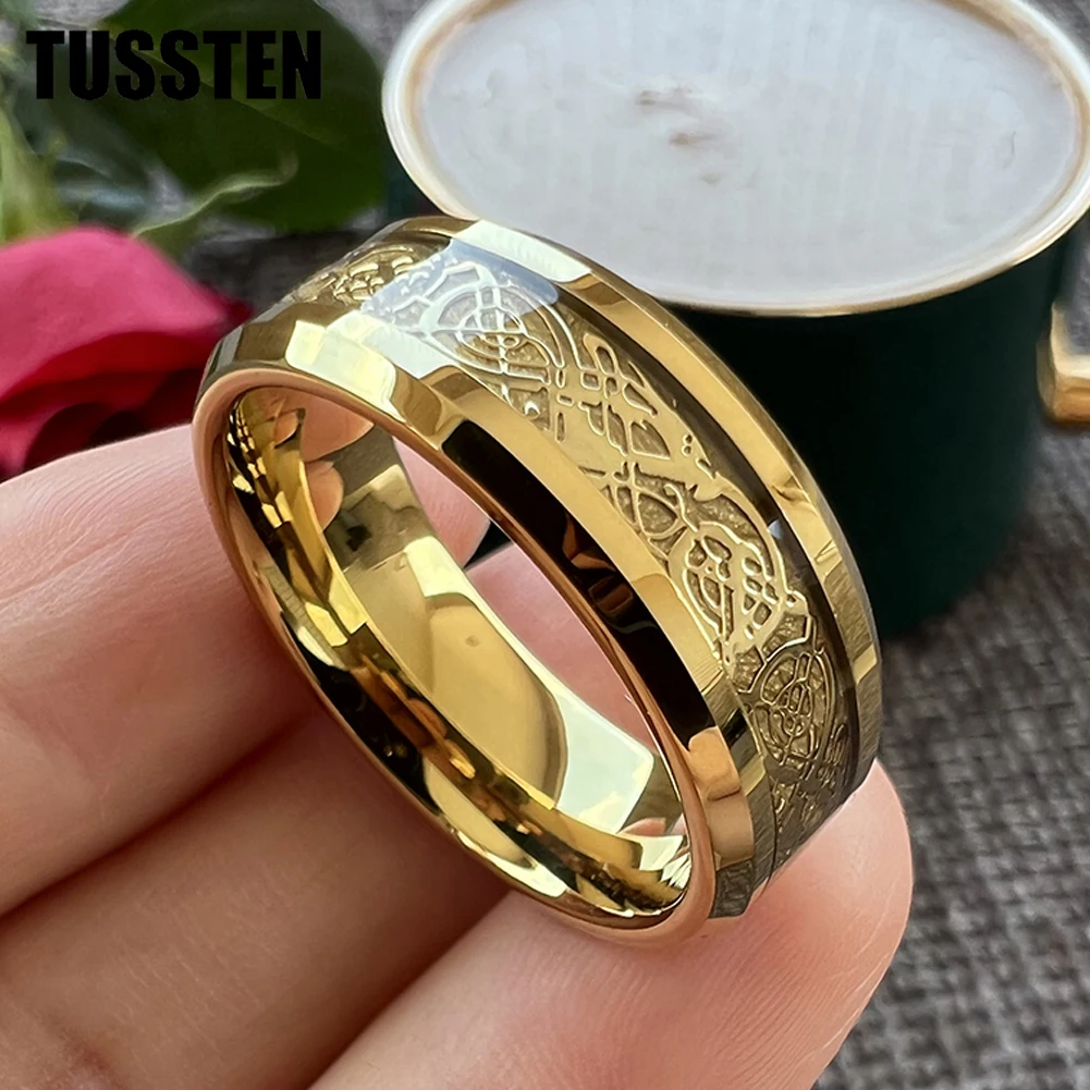 TUSSTEN-Anillo de dragón de 8MM para hombres y mujeres, banda de boda de tungsteno, bordes pulidos biselados, joyería clásica, envío directo