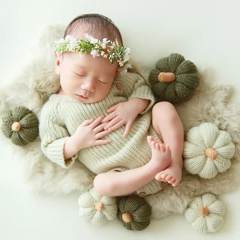 Newborn Photography Props Green Theme Soft Plush Dinosaur Toys Handmade Knitted Hat Pumpkin Blankets Baby Accesorios Fotografia