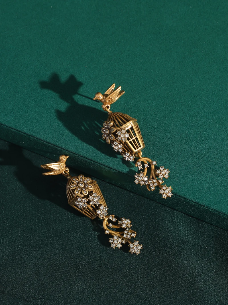  ﻿ Vintage-Ohrringe im antiken Vogelkäfig-Stil, voller Strass, luxuriöses klassisches Geschenk für die Freundin, Art-Deco-Design in Goldfarbe, Markendesign, hochwertige Schmuckaccessoires für