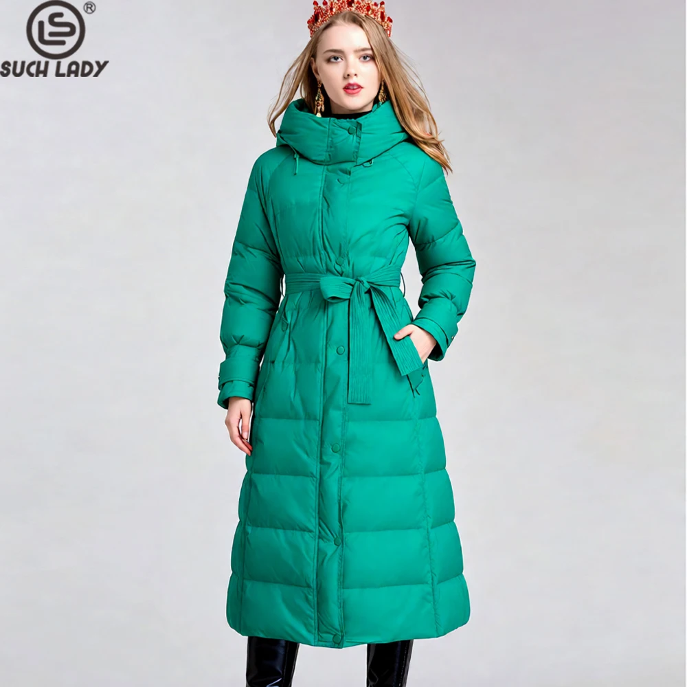 

Women's Long Hooded Puffer White Duck Down Coat with Belt, Quilted Jacket for Warm Winter Outerwear