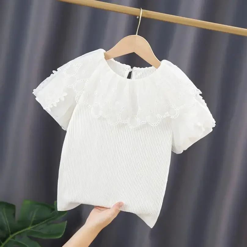 3-10 Years Summer Baby Toddler T-Shirt School Girls White Blouse Cotton Short Sleeve Girl Lace Tops Kids Shirt Children Clothes image 3