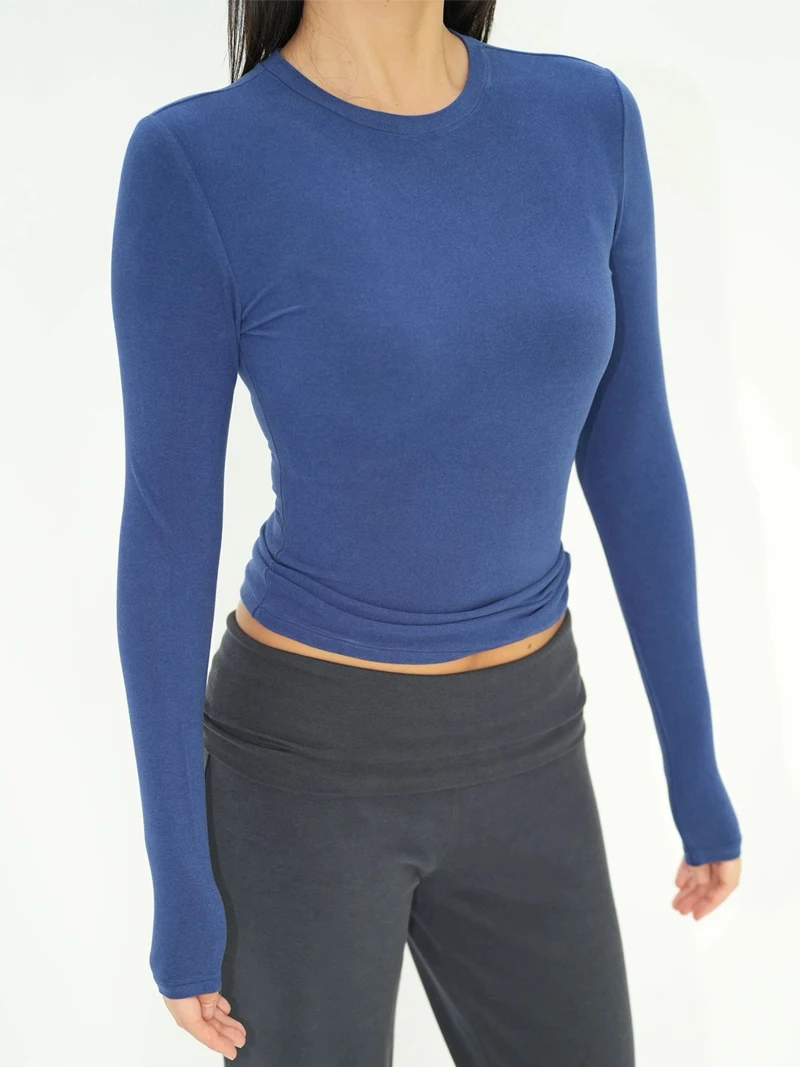 Camiseta de uso diario de manga larga con cuello redondo para mujer