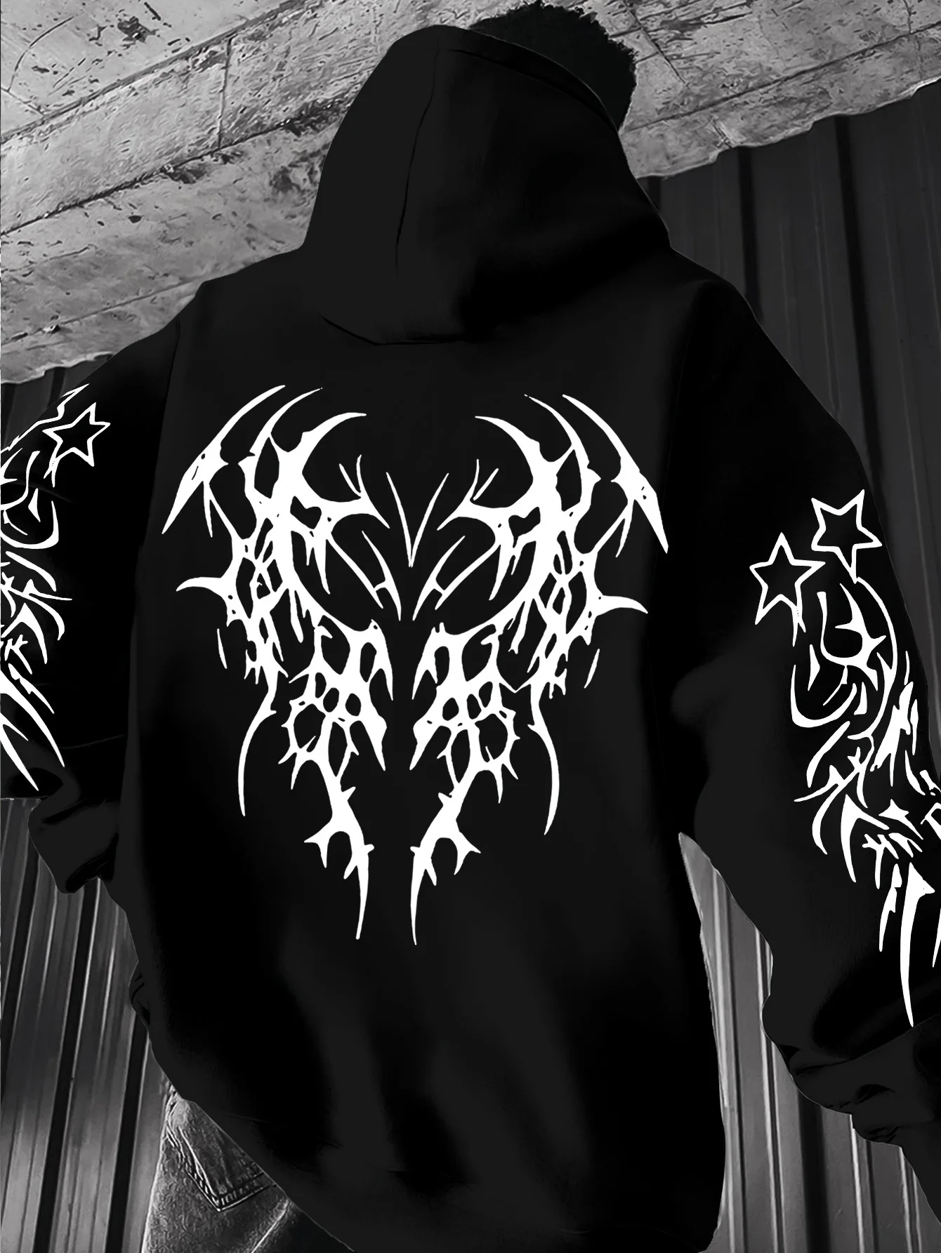 A trendy men's hoodie featuring a dark color scheme; this loose-fitting sweatshirt is perfect for casual, versatile styling