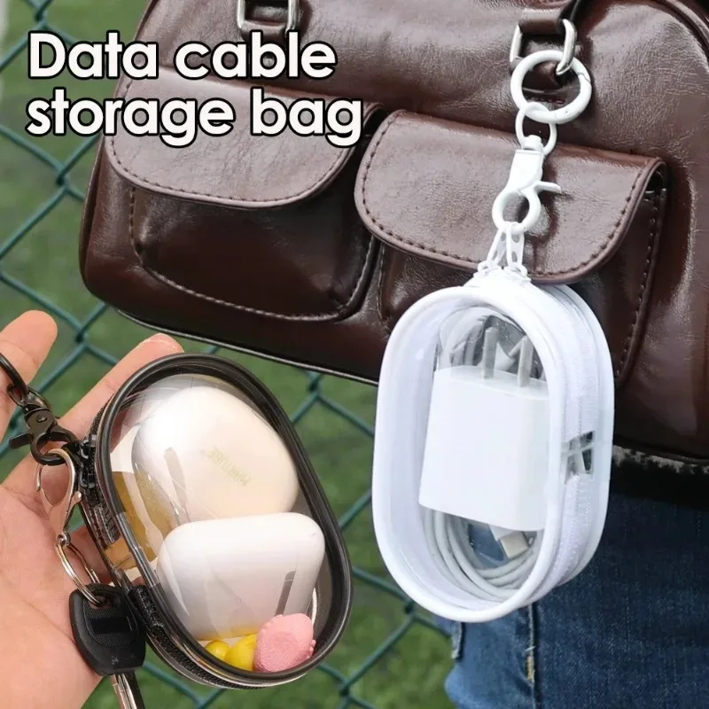 Mini PVC Transparent Bags Charging Cable Organizer Portable Data Cable Earphone Coin Charger Storage Pouch Zipper Bags with Hook