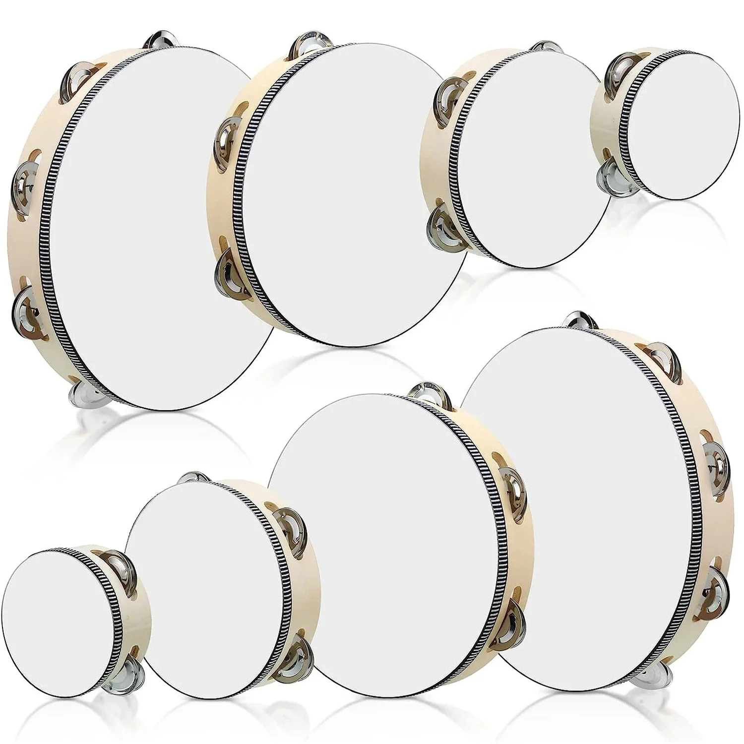 Hölzernes Tamburin, 4/6/8/10 Zoll, beige Rand mit Metallschellen, Musikunterricht, Percussion für Konzerte, Kirchenveranstaltungen