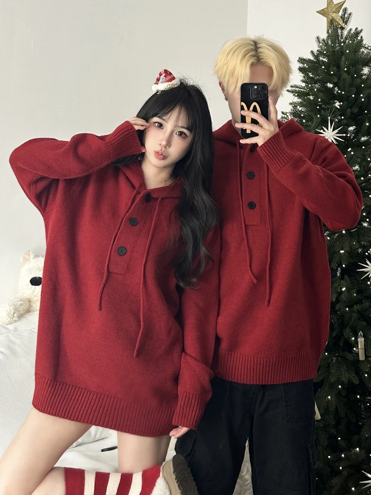 American Style Red Hoodie Knitwear Loose Fit Unisex Autumn Winter Casual Wear Couple's Lazy Style Knitted Sweater Coat
