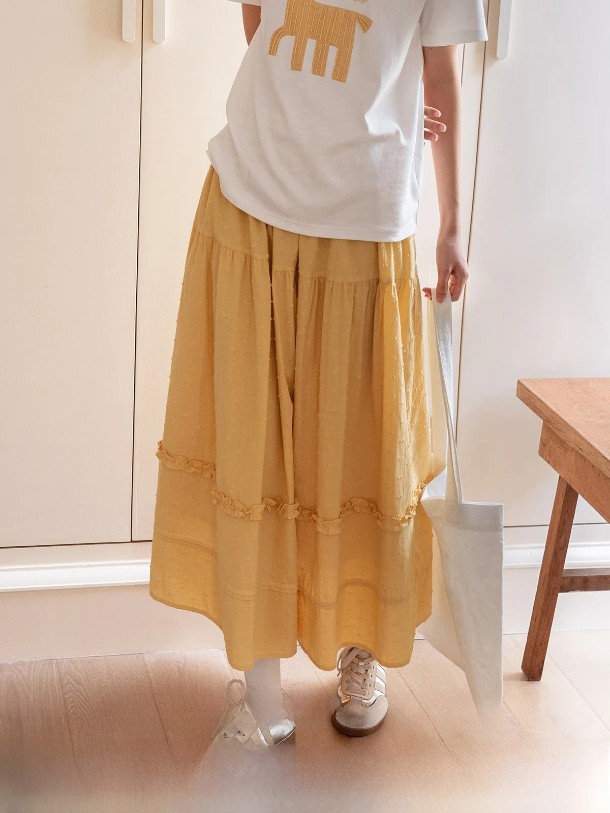 

Желтая юбка-миди трапециевидной формы с высокой талией, женская летняя свободная посадка в Корейском стиле, хлопковые юбки с горками, платье длиной