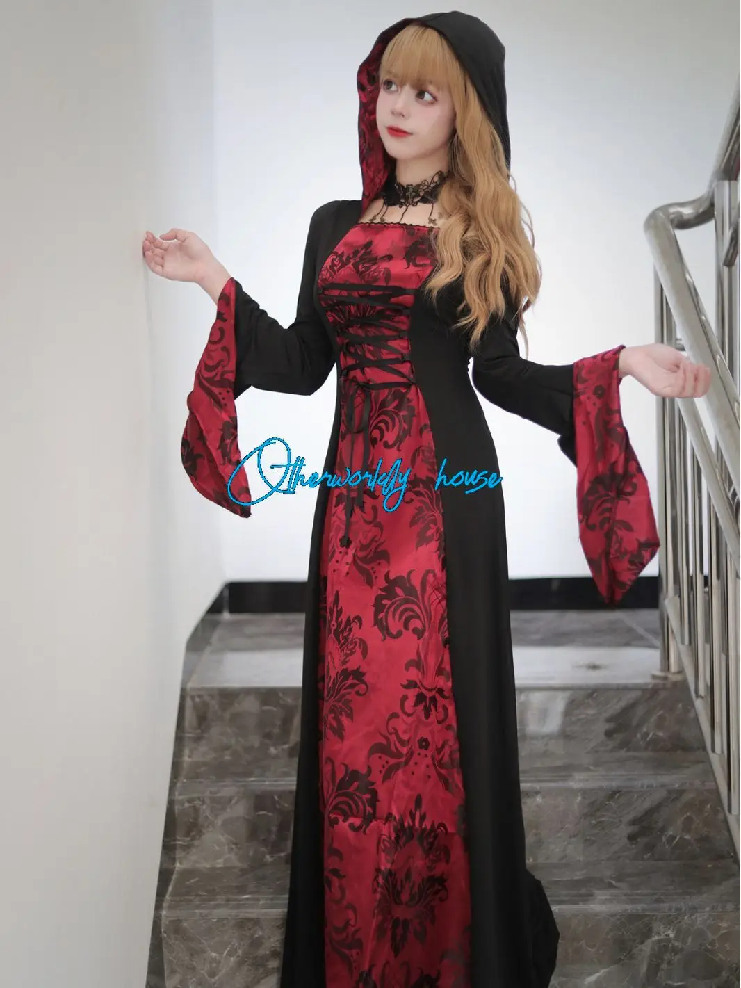 Halloween Role Play Women Girls Cloak Black Red Robe Full Suit Bat Vampire Cosplay Outfit Witch Necromancer Cosplay Costume