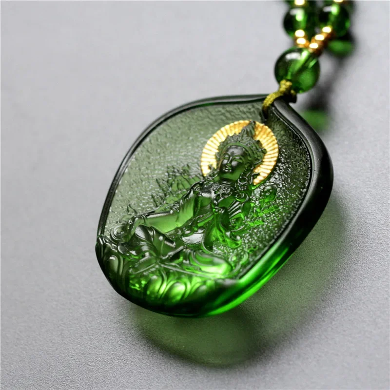 Ancient Dharma Glaze Pendant Green Tara Holy Salvation Buddha Mother Dharma Society Buddha Plaque Necklace StatueGuanyin Pendant