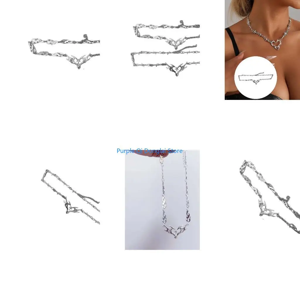 L21E Rebellious Hollow Heart Necklace Featuring Thorn Flame For Edgy Wear Daily Use Music Event Stainless Steel Neckchain