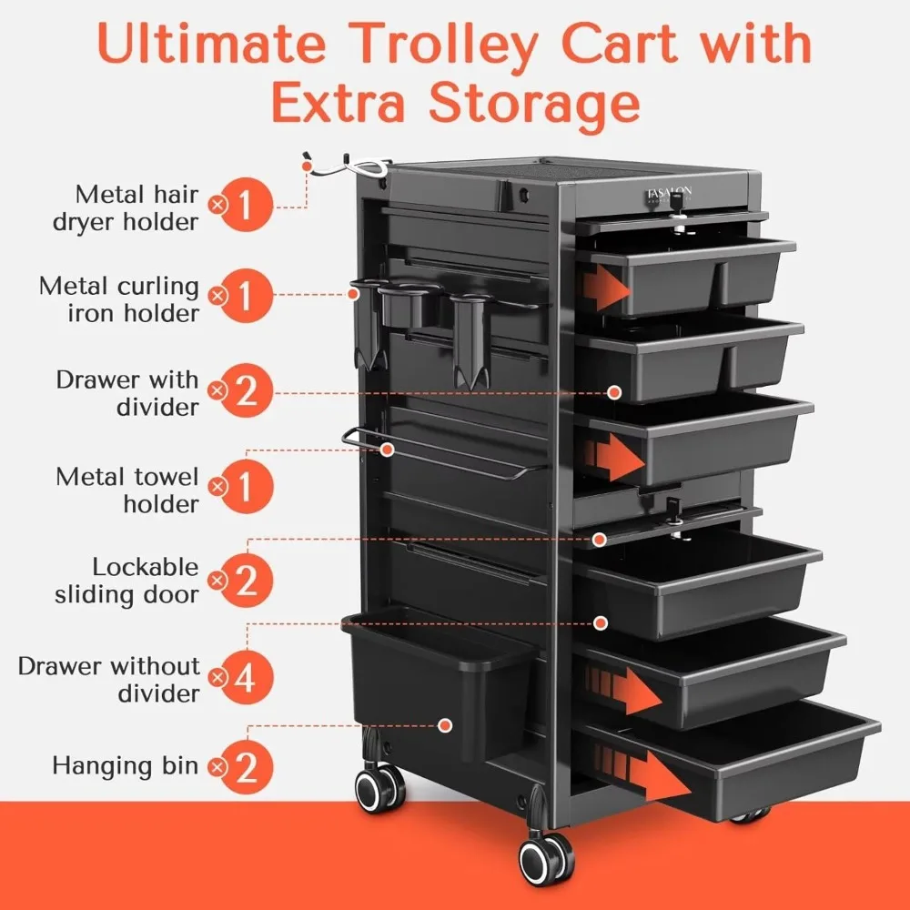 Beauty Salon Cart - Lockable Salon Trolley Cart with 6 Drawers and Tool Holders, Salon Stations for Hair Stylist, Rolling Cart