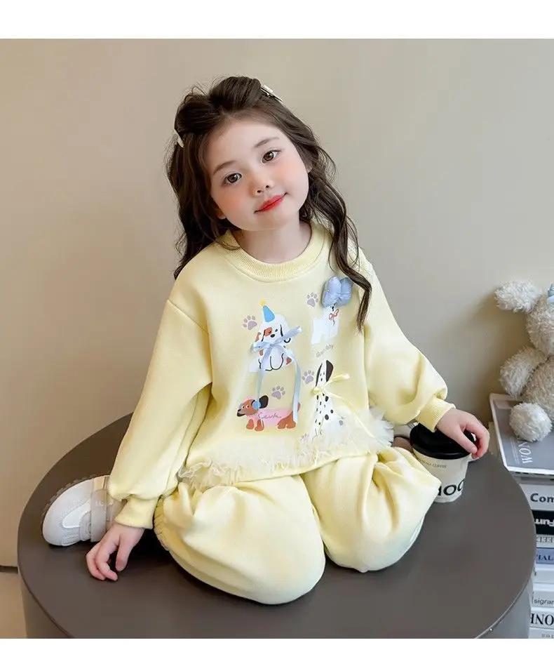 Neue Herbst-Babykleidungssets für Mädchen, niedliche Kinder-Sweatshirts mit Welpenmuster und Spitzenrüschen am Saum + Hosen, 2-teilige Freizeit-Outfits für Kinder, Prinzessinnen-Look – Detail 7