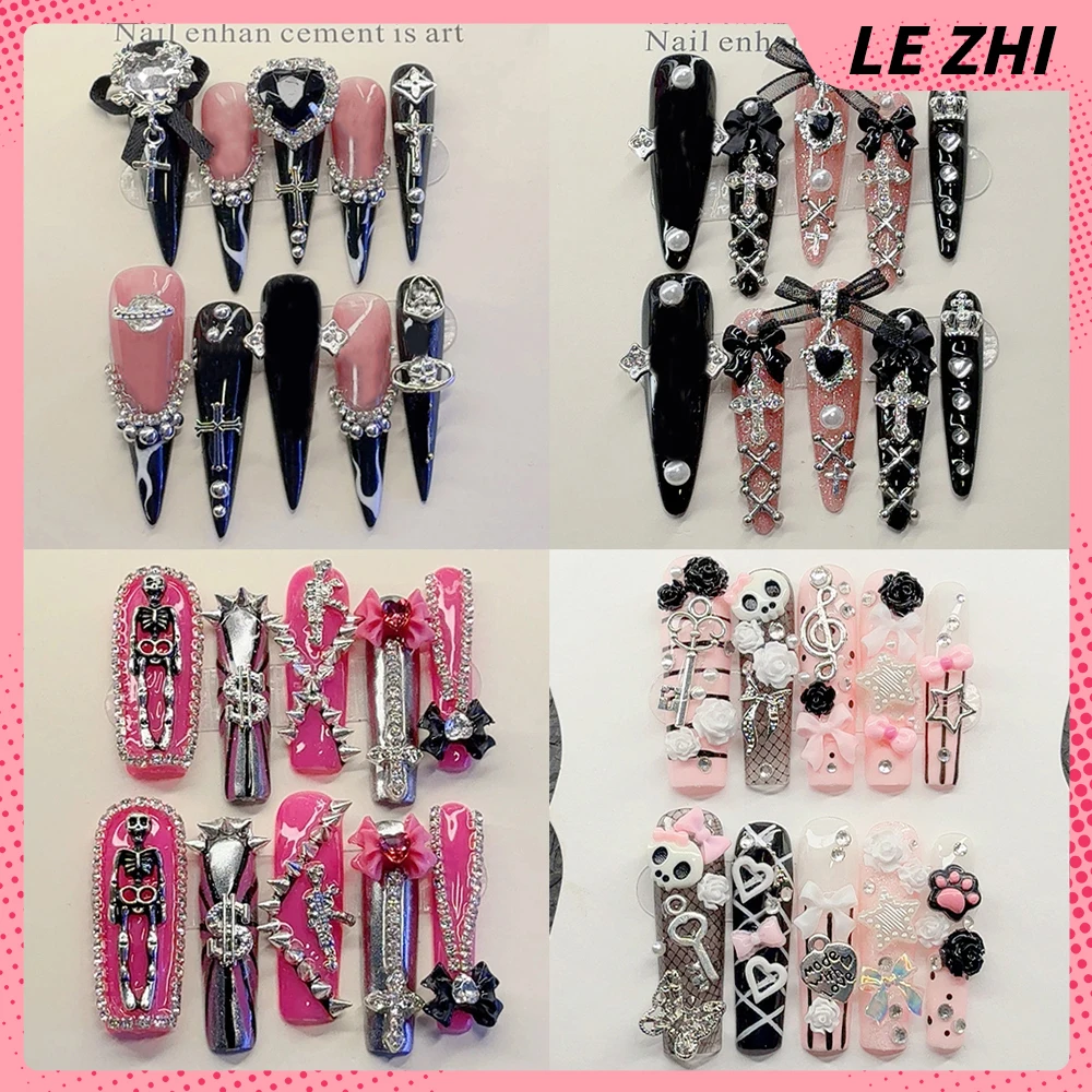 

Sweet Cool Spice Girl Handmade Long Square Stilettos Press On Nail Metal Rivets Flower Butterfly Bowknot Pearl Diamond Fake Nail