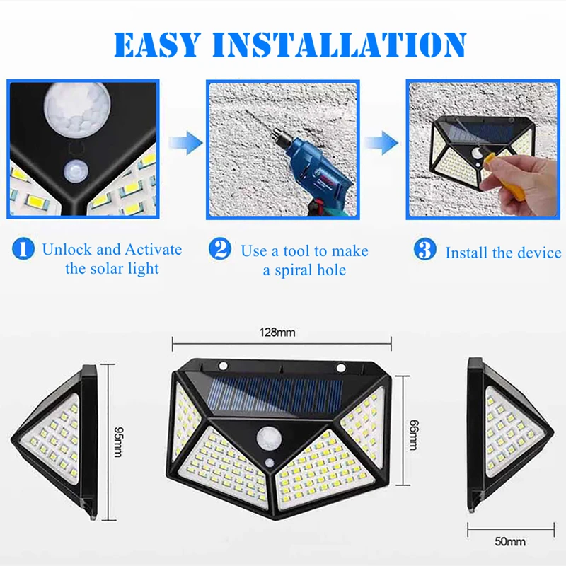 Solar Lights Outdoor 100 LED Solar Motion Sensor Lights 3 Lighting Modes Solar Wall Light Waterproof Outdoor Wall Lamp
