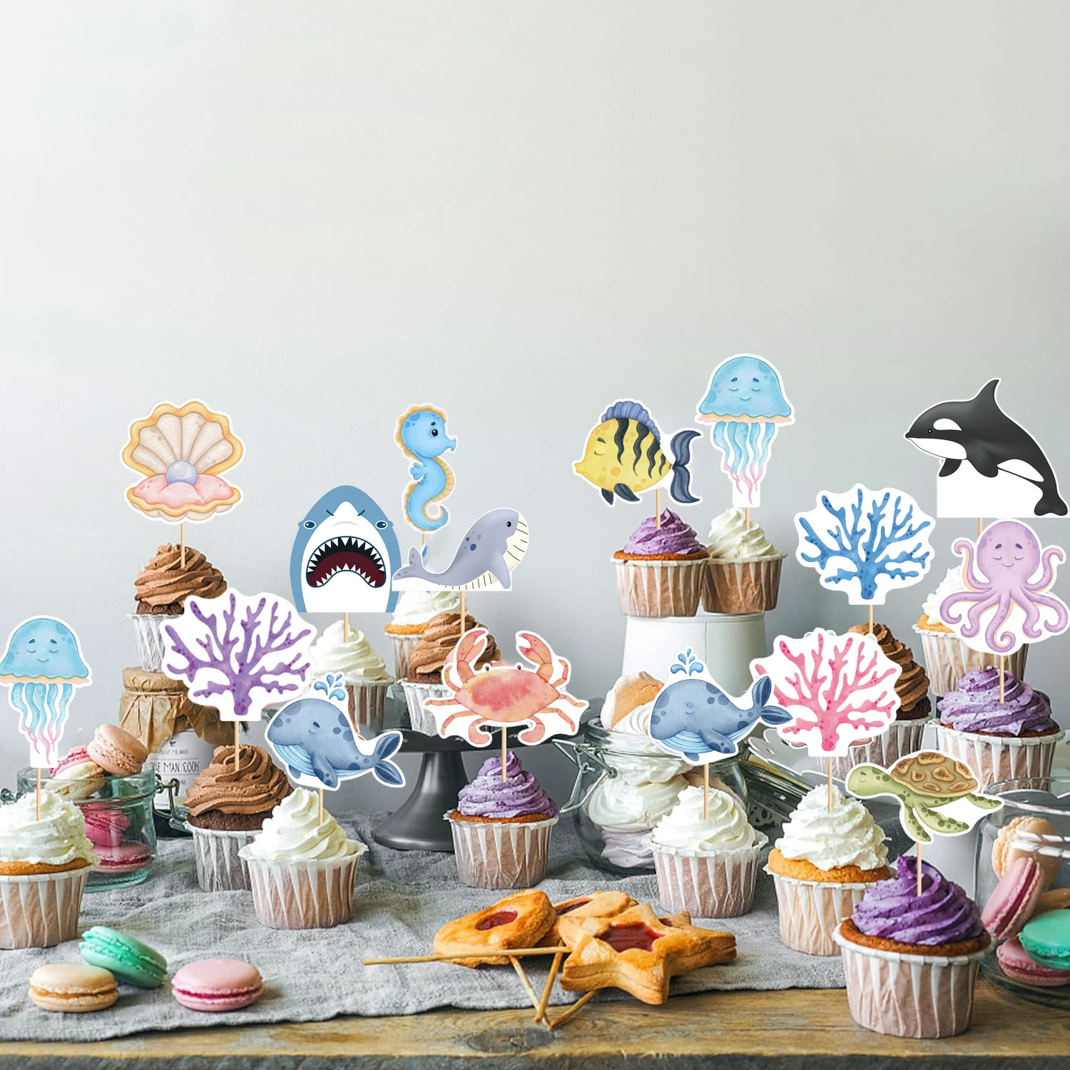 17pcs Sea Cake Toppers Mermaid Crab Sea Horse Cupcake Topper Ocean Theme Cake Decoration Baby Shower Kids Birthday Decoration