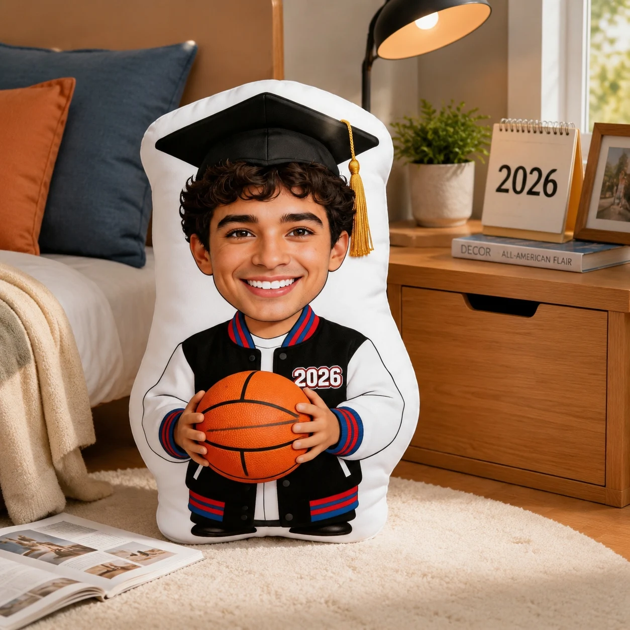 Personalized Photo Customization: Graduation Figure Red Black Custom Shaped Decor Cushion, Graphic Accent 60CM Cut-to-Shape Home