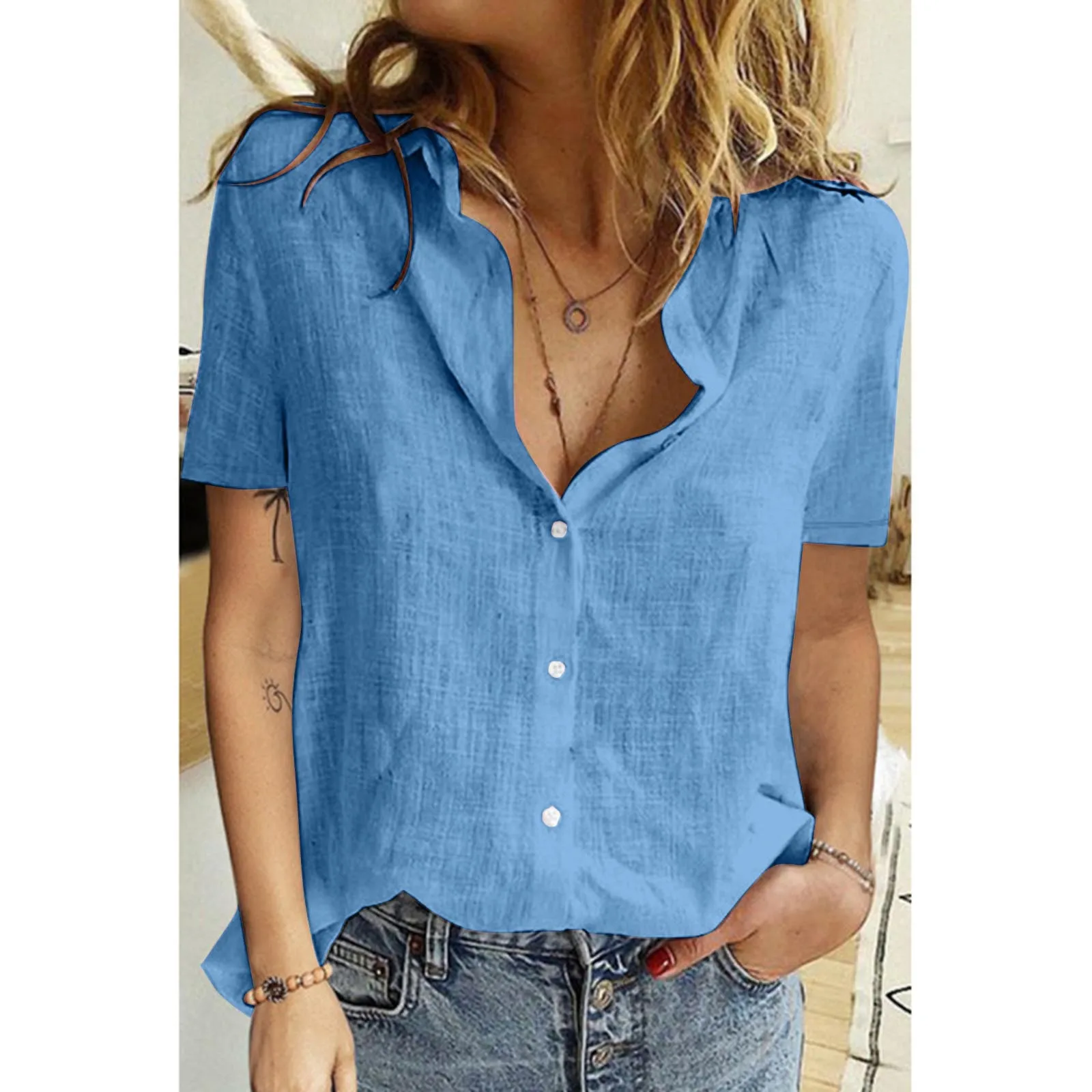 

New spring & fall pure color casual fashion loose ebay European and American shirt women's loose linen elegant versatile shirt