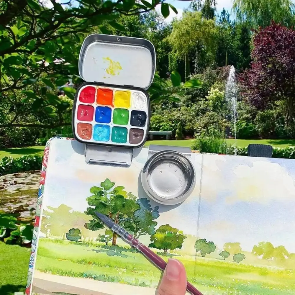 Portable 12/24 Grids Watercolor Box Empty Travel Watercolor Paint Box Iron Outdoor Paint Pigment Box With Clip Art Accessories