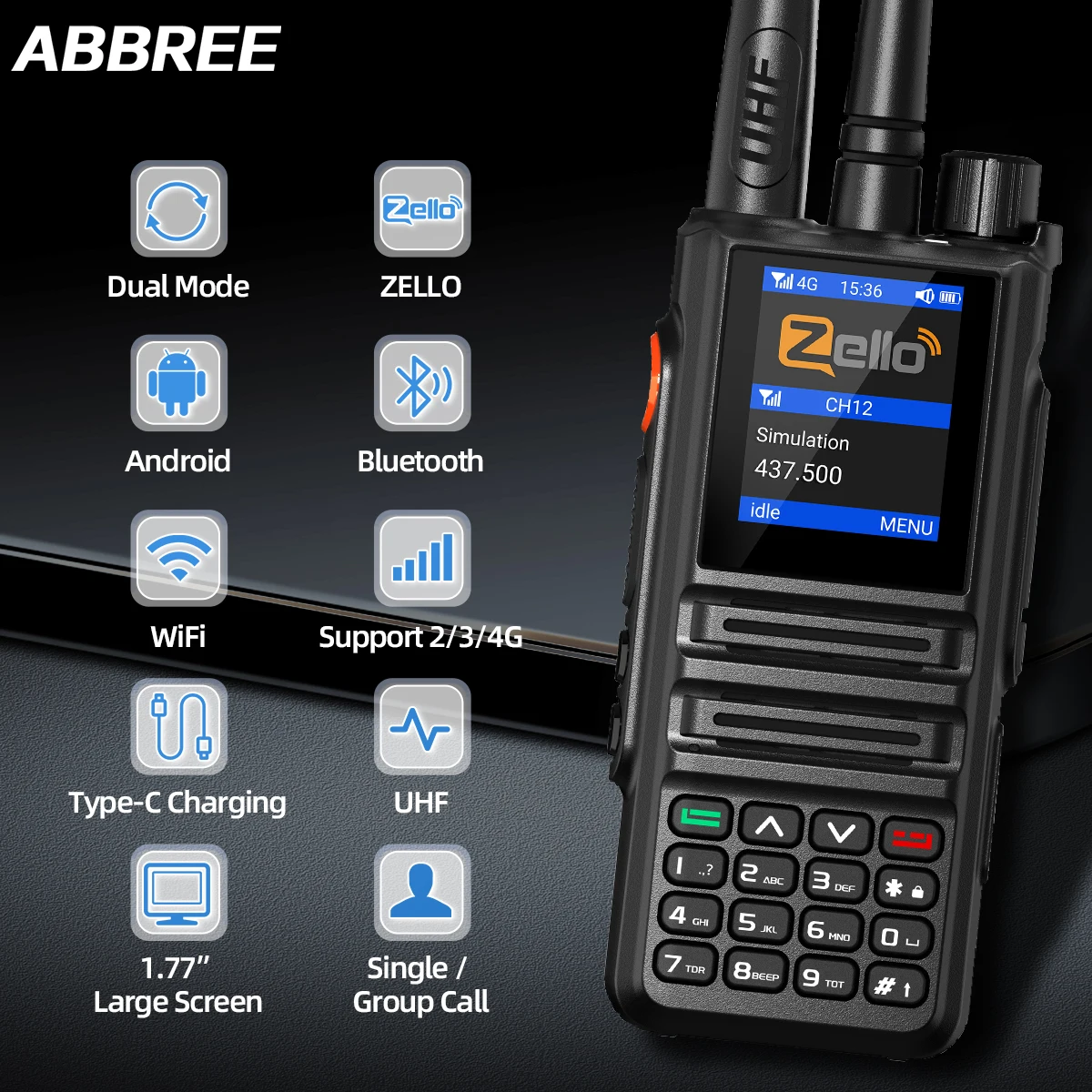 ABBREE GP-889 Global Network Poc Walkie Talkie Radio Dual Mode UHF 400-470MHz Bluetooth WiFi ZELLO Type-C Ham Radio For Hunting