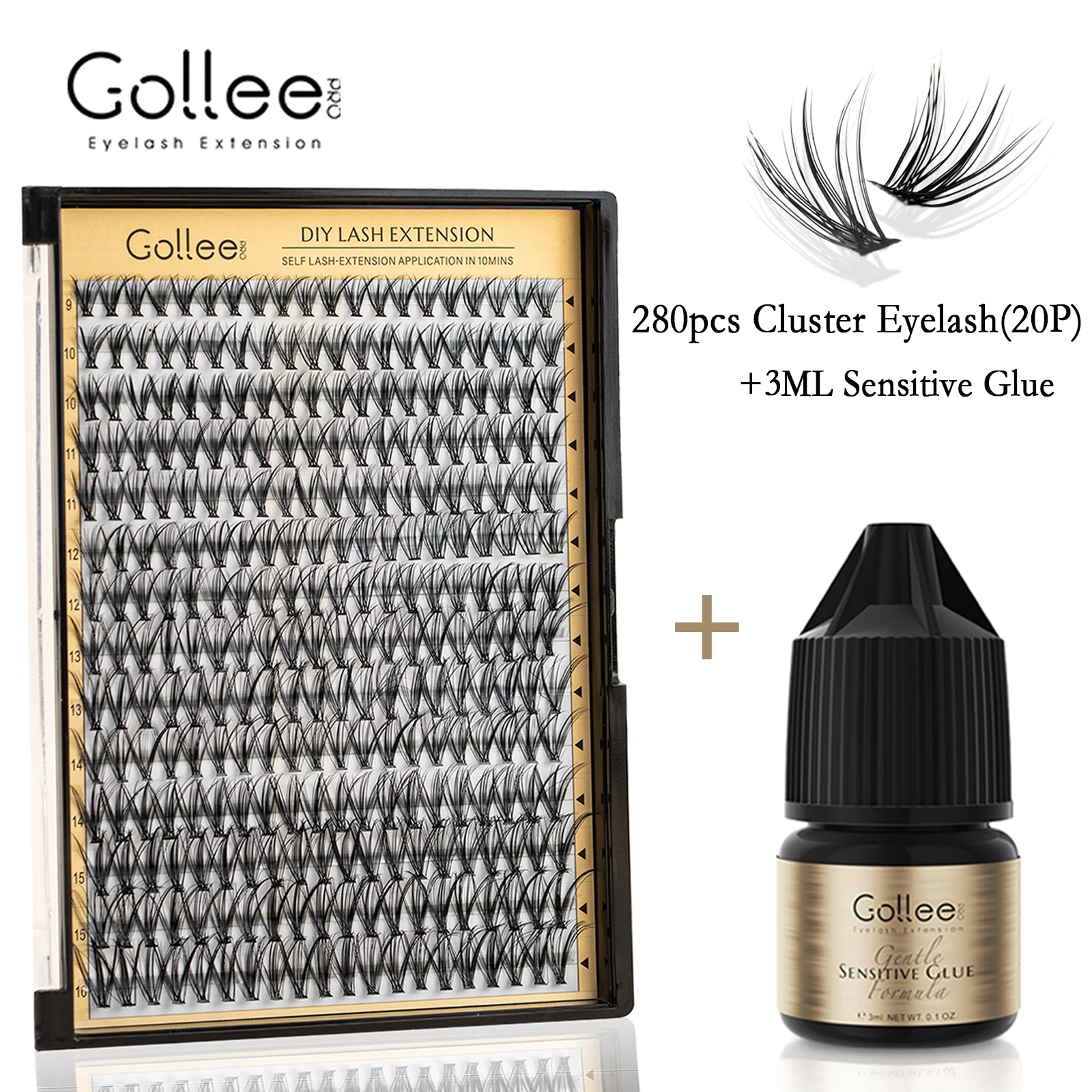 Gollee 3ml False Lash Glue 3 Type DIY Cluster Glue Eyelash 280pcs False Lash Adhesive Seal Set Home Use Bond Hold Lash Supplies