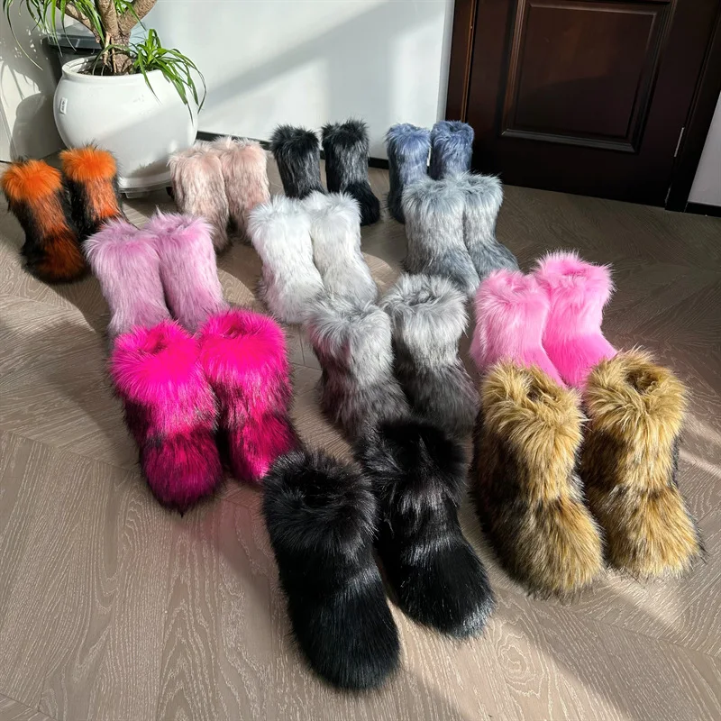 

2025 Women Winter Faux Fur Boots Woman Fluffy Plush Warm Snow Boots Luxury Footwear Girls Furry Fur Bottes Fashion Winter Shoes