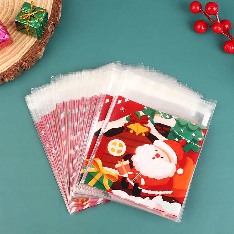 100Pcs Christmas Gift Bag Self Adhesive Cookies Candy Wrapping Bag New Year Party Gift Snack Baking Plastic Bag